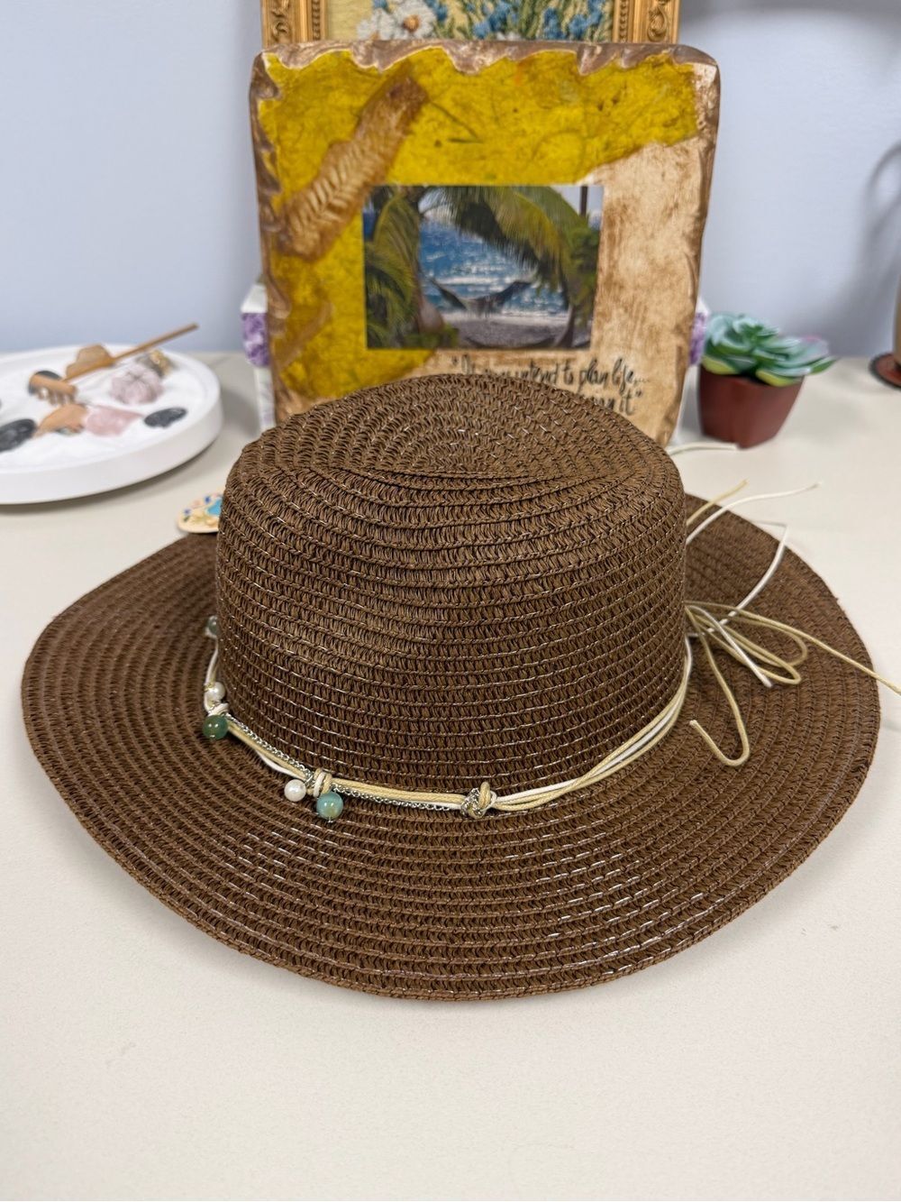 ROYAL Brown Beaded Silver Tone Chain Triple Cord Tie Coastal Boho Straw Sun Hat